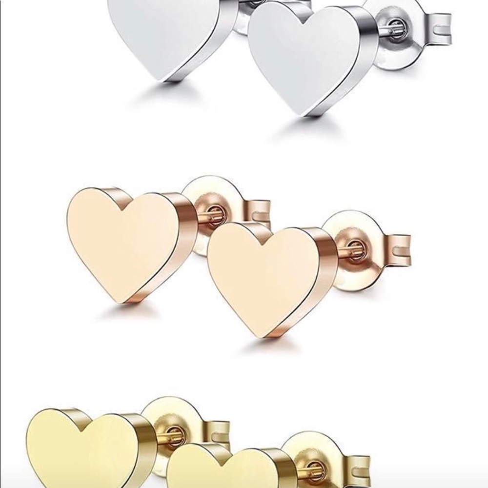 SET of 3 GOLD SILVER and ROSE GOLD HEART STUDS